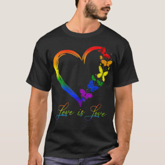 Womens Butterfly Heart Rainbow Love Is Love LGBT G T-Shirt
