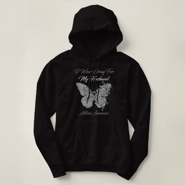 Womens Butterfly I Wear Gray For My Husband Asthma Hoodie (Design Front)