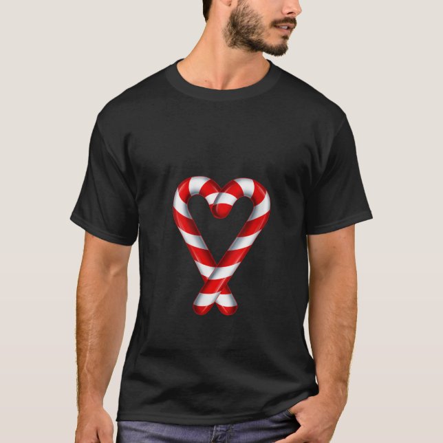 Womens Candy Cane Heart Merry and Bright Red White T-Shirt (Front)