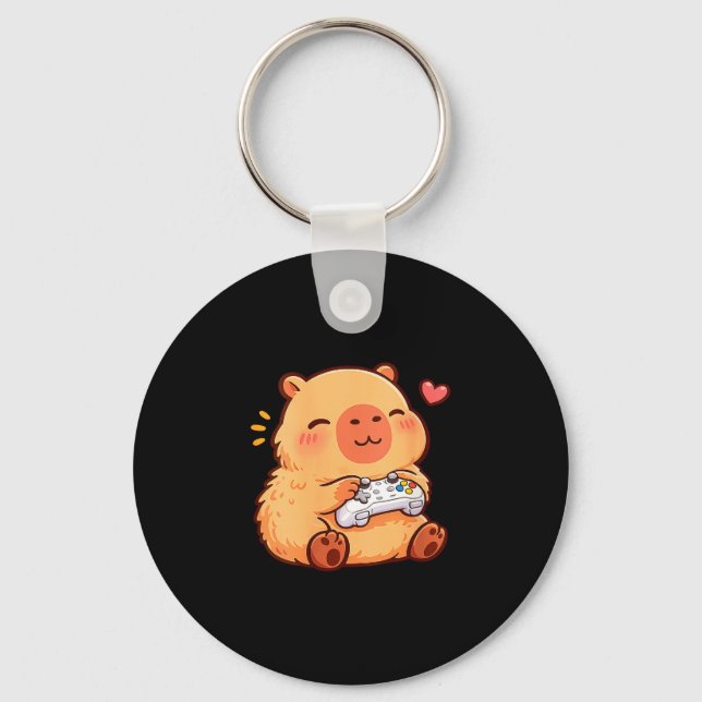 Women's capybara kawaii anime playing video games keychain (Front)