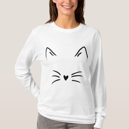 Womens Cat Face Whiskers Print Kitty lover T_Shirt