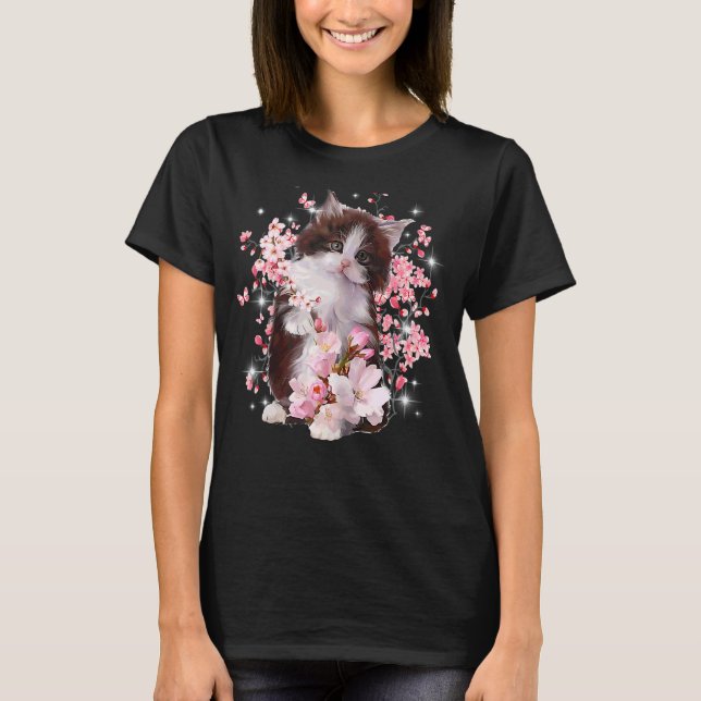 Womens Cat Pink Flower For Cat T-Shirt (Front)