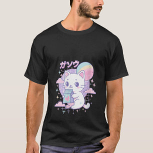 Womens Cat Strawberry Milk Anime 90s Japanese Cat T-Shirt