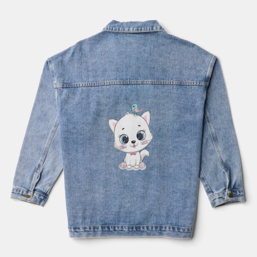 Womens Cat With Big Eyes And Birds What Sings V_Ne Denim Jacket