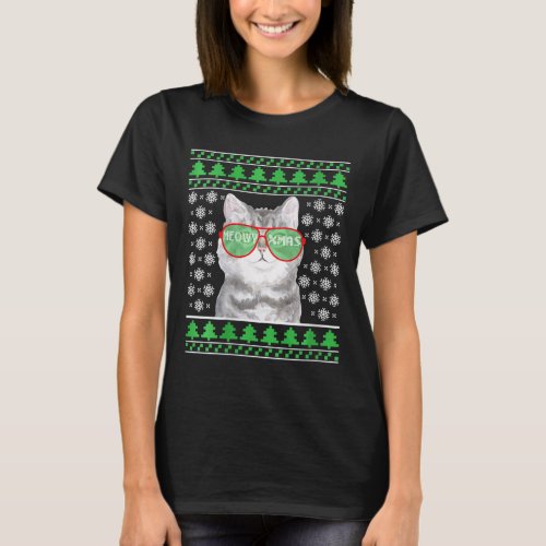 Womens Cat With Sunglasses Meowy Ugly Christmas Sw T_Shirt