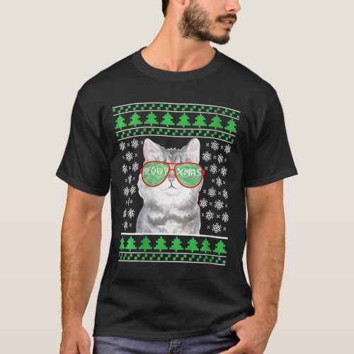 Womens Cat With Sunglasses Meowy Ugly Christmas Sw T_Shirt