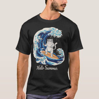 Womens Cat With Sushi Wave Vintage Surfer Surfing T-Shirt