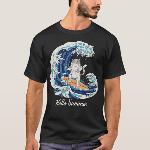 Womens Cat With Sushi Wave Vintage Surfer Surfing  T_Shirt