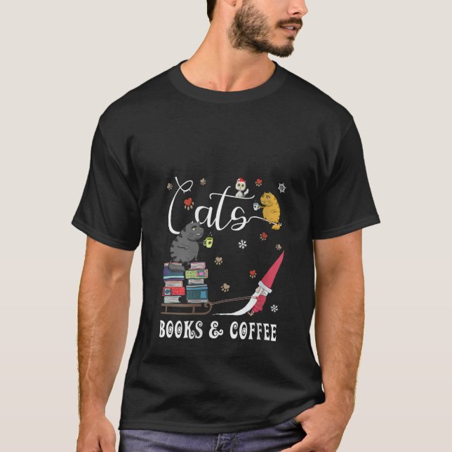 Womens Cats Books Coffee Funny Gnome Cats Coffee L T-Shirt (Front)
