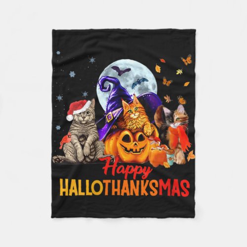 Womens Cats Happy Hallothanksmas Halloween Thanksg Fleece Blanket