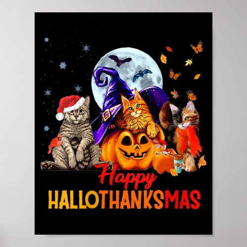 Womens Cats Happy Hallothanksmas Halloween Thanksg Poster