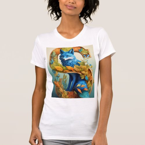 Womens Cerulean Blue Fox Inside Uppercase Letter  T_Shirt