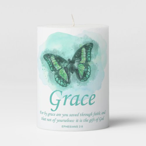 Womens Christian Bible Butterfly Verse Grace Pillar Candle