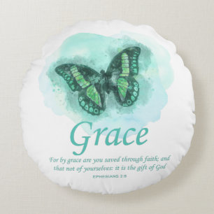 Womens Christian Bible Butterfly Verse: Grace Round Pillow