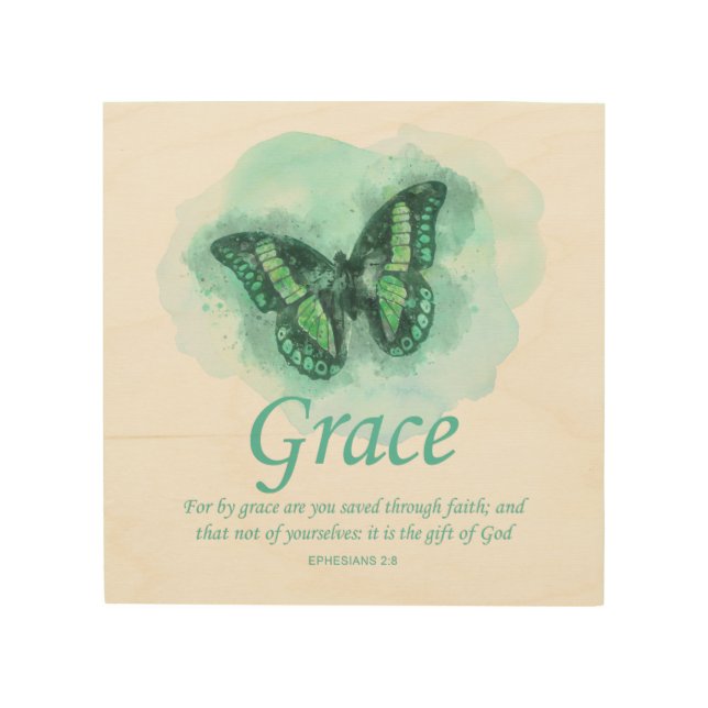 Womens Christian Bible Butterfly Verse: Grace Wood Wall Art (Front)