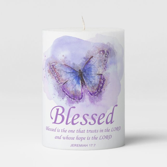 Women's Christian Bible Verse Butterfly: Blessed Pillar Candle (Front)