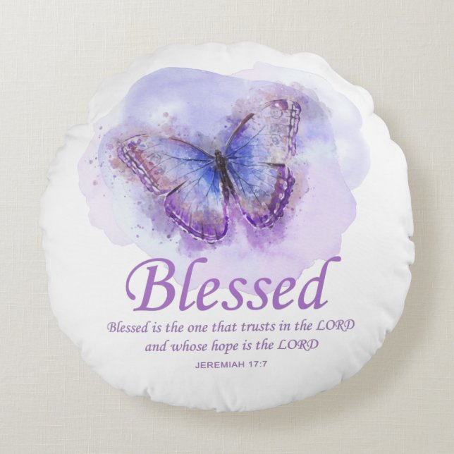 Women's Christian Bible Verse Butterfly: Blessed Round Pillow (Front)