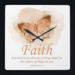 Women's Christian Bible Verse Butterfly: Faith Square Wall Clock<br><div class="desc">Uplifting Christian Bible verse scripture from Hebrews 11:1 “Now faith is the substance of things hoped for, the evidence of things not seen”. Spread some gospel joy and motivation with this peach-orange butterfly theme women’s faith-based message. Inspire others to never give up hope through this beautiful Bible verse! Great conversation...</div>