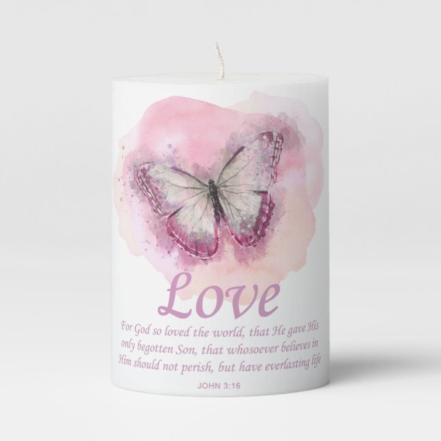 Women's Christian Bible Verse Butterfly: Love Pillar Candle (Front)