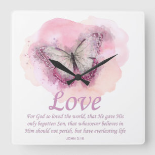 Women's Christian Bible Verse Butterfly: Love Square Wall Clock