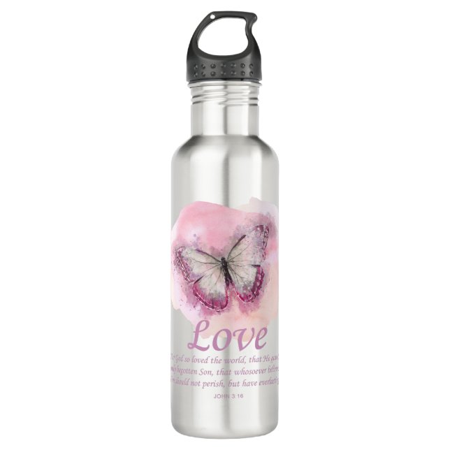 Women's Christian Bible Verse Butterfly: Love Stainless Steel Water Bottle (Front)