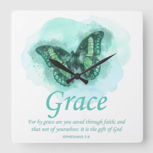 Womens Christian Butterfly Verse: Grace Square Wall Clock