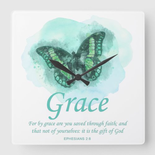 Womens Christian Butterfly Verse Grace Square Wall Clock