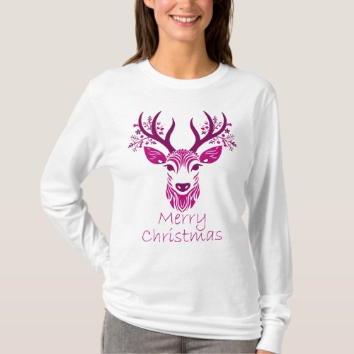 Womens Christmas Deer Long Sleeve T_Shirt