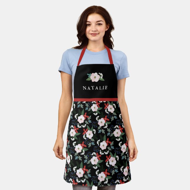 Womens Christmas Floral Pattern Name Black Apron (Worn)