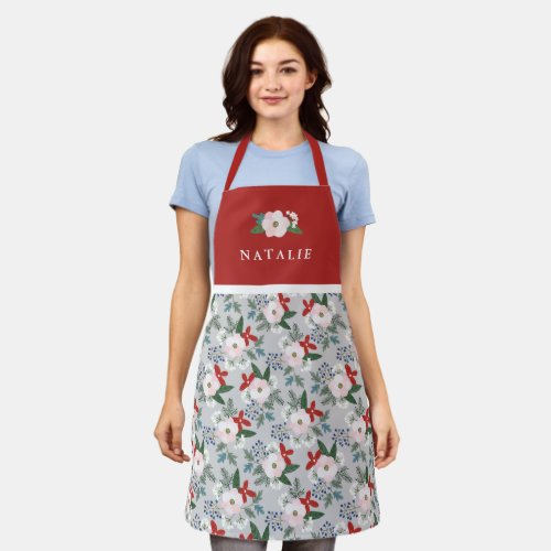 Womens Christmas Floral Pattern Name Red Apron