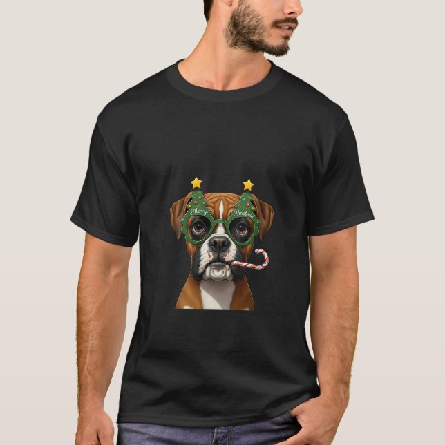 Womens Christmas Tree Sunglasses Boxer Dog Candy C T-Shirt (Front)
