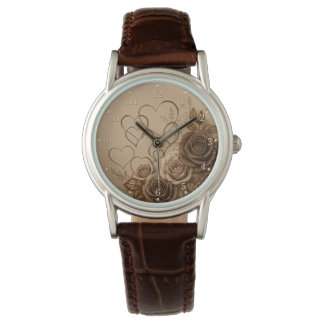 Women's Classic Brown Leather Watch-Hearts & Roses Watch