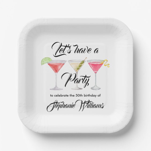 Women's cocktail summer 50th birthday party paper plates (Front)