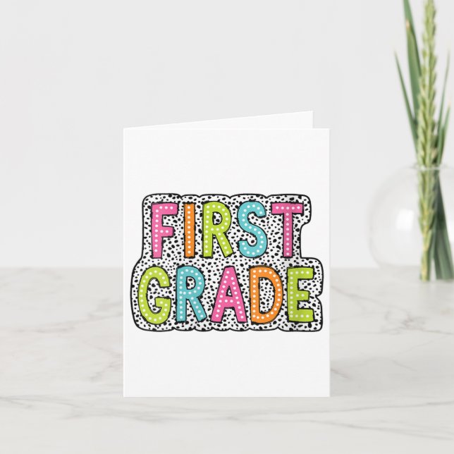 Womens Colorful First Grade Teacher Appreciation V Card (Front)