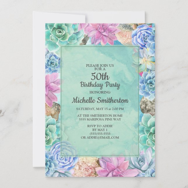 Women's Colorful Succulents Cactus 50th Birthday Invitation (Front)