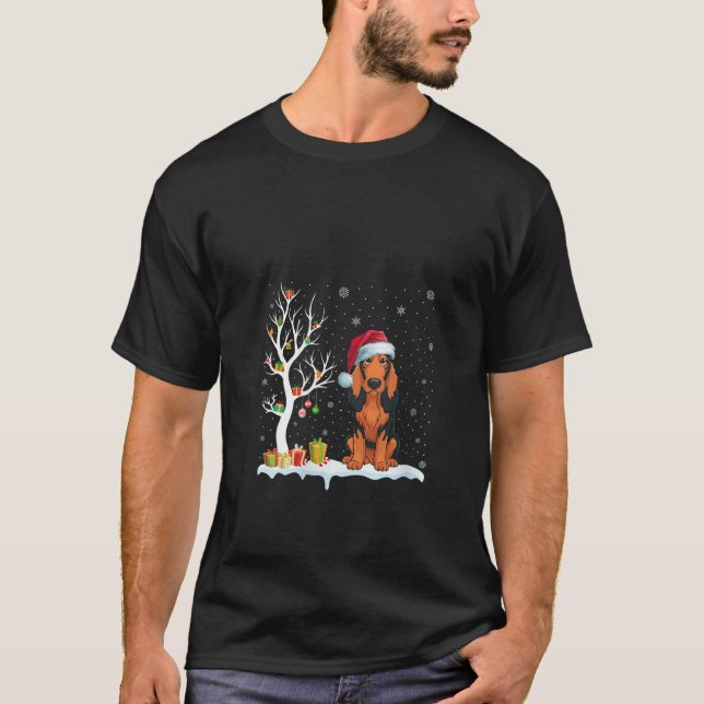 Womens Coonhound Dog Santa Hat Festive Tree Light  T-Shirt (Front)