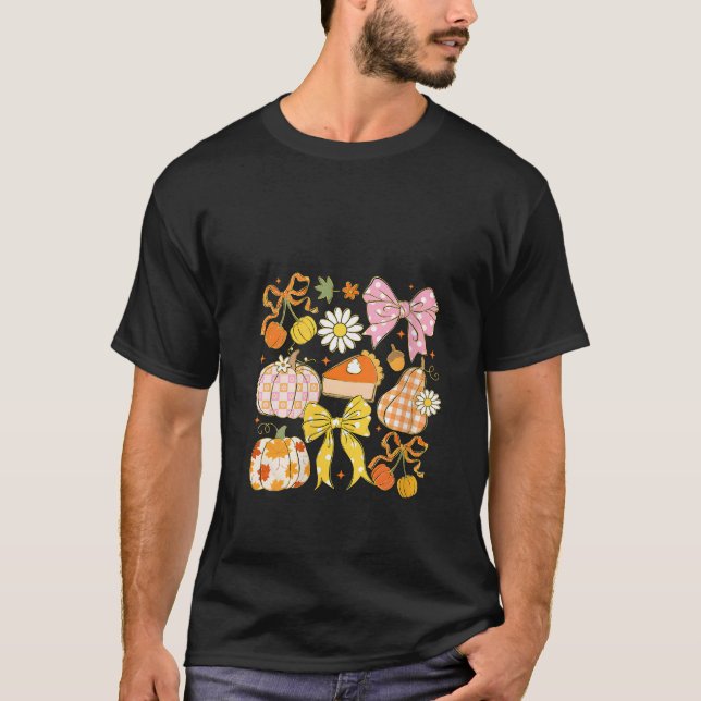 Womens Coquette Floral Bow Pumpkin Season Autumn F T-Shirt (Front)