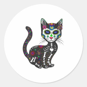Womens Craneo De Gato Sugar Skull Cat Hallow Classic Round Sticker