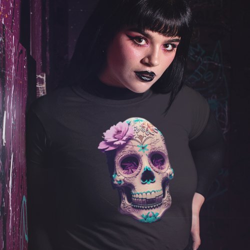 Womens Creepy Horror Gothic Candy Skull Flower T_Shirt