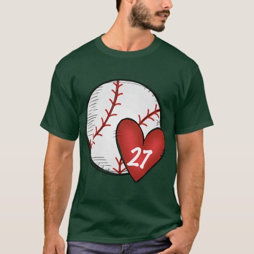 Womens Custom Baseball Mom Number 27 Heart for Mom T_Shirt