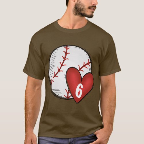 Womens Custom Baseball Mom Number 6 Heart for Mom  T_Shirt