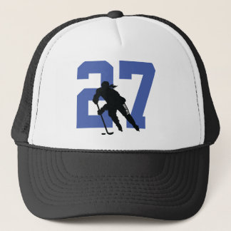 Women's Custom Hockey Player Number Black and Blue Trucker Hat