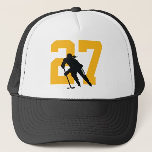 Womens Custom Hockey Player Number Black and Gold Trucker Hat
