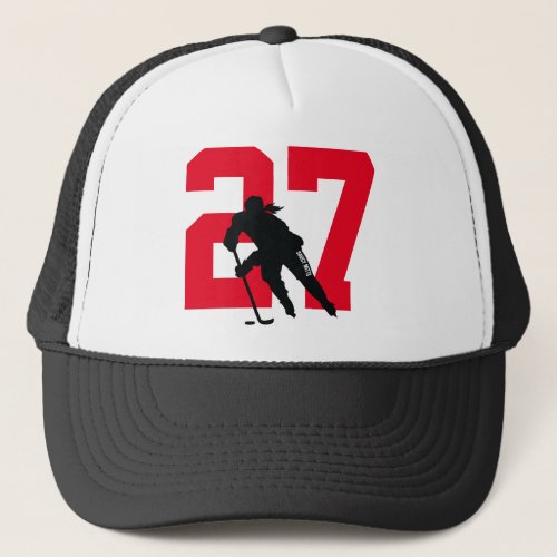 Womens Custom Hockey Player Number Black and Red Trucker Hat