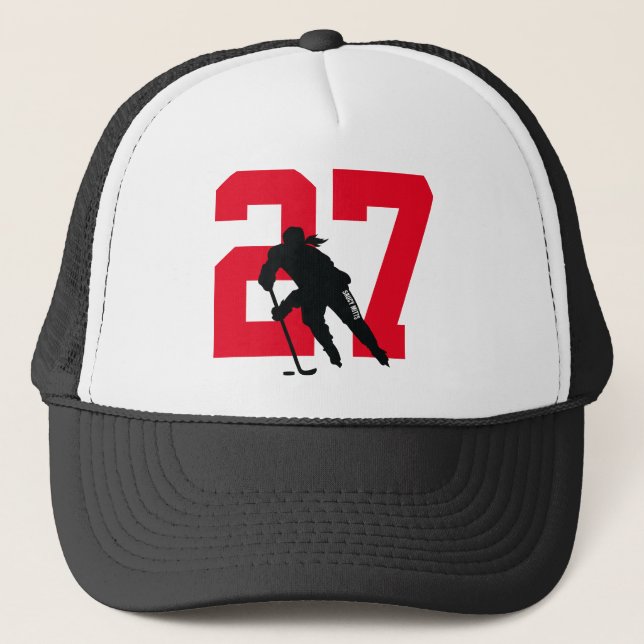 Women's Custom Hockey Player Number Black and Red Trucker Hat (Front)