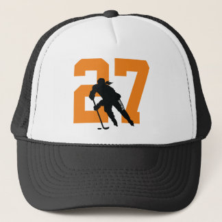 Women's Custom Hockey Player Number Orange Black Trucker Hat