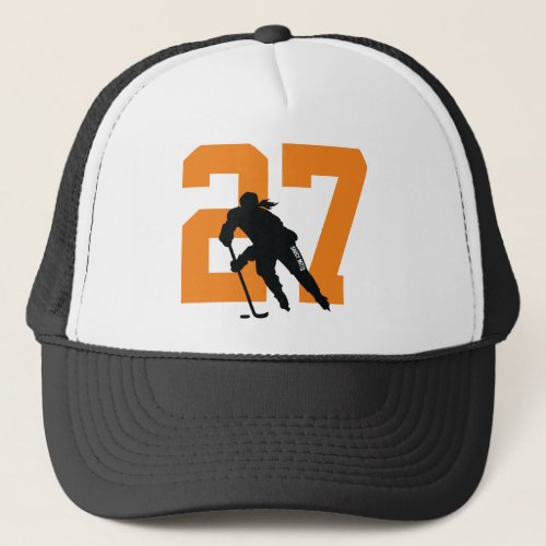Womens Custom Hockey Player Number Orange Black Trucker Hat