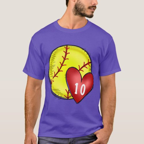 Womens Custom Softball Mom Number 10 Heart for Mom T_Shirt