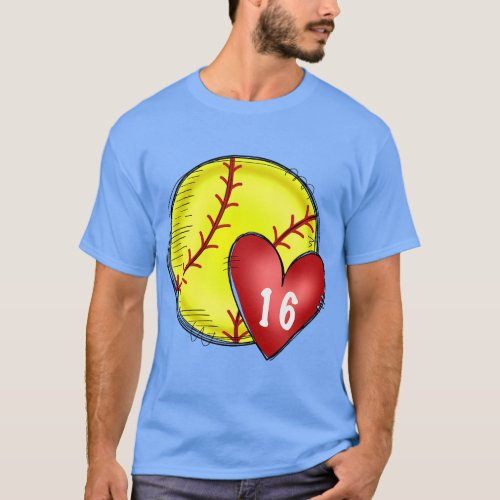 Womens Custom Softball Mom Number 16 Heart for Mom T_Shirt