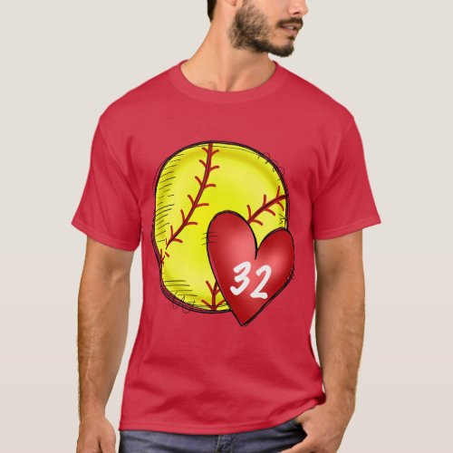 Womens Custom Softball Mom Number 32 Heart for Mom T_Shirt